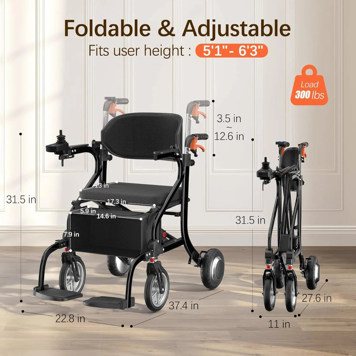 FreeWink 9183E foldable adjustable electric walker and wheelchair with product dimensions and 300 lb weight capacity