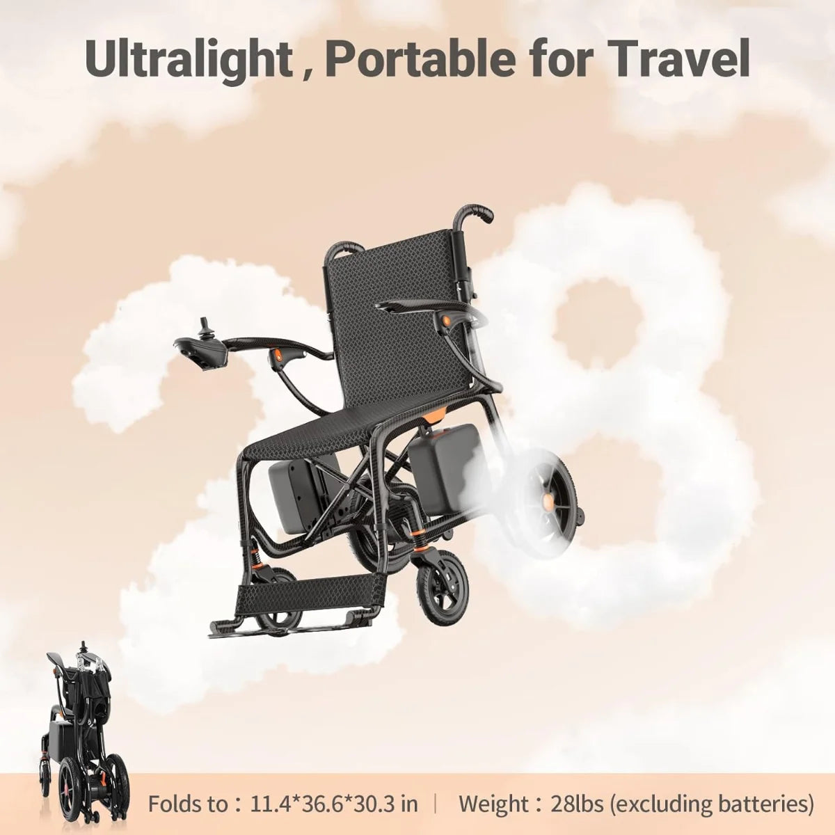 FreeWink EW209 ultralight folding electric wheelchair for travel, 28 lb main body with compact folded design