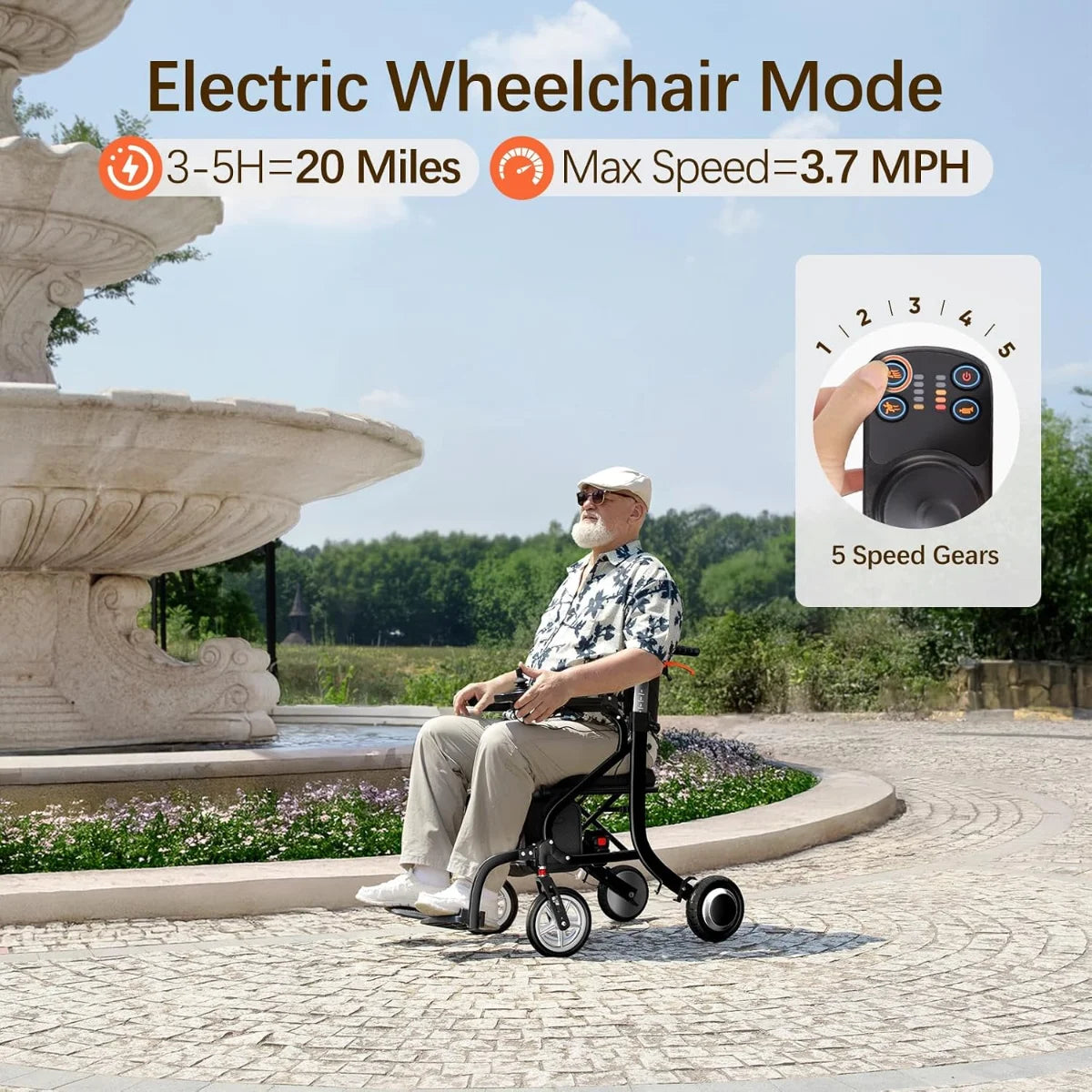 FreeWink 9183E electric wheelchair mode with up to 20-mile range, 3.7 MPH top speed, and 5-speed control