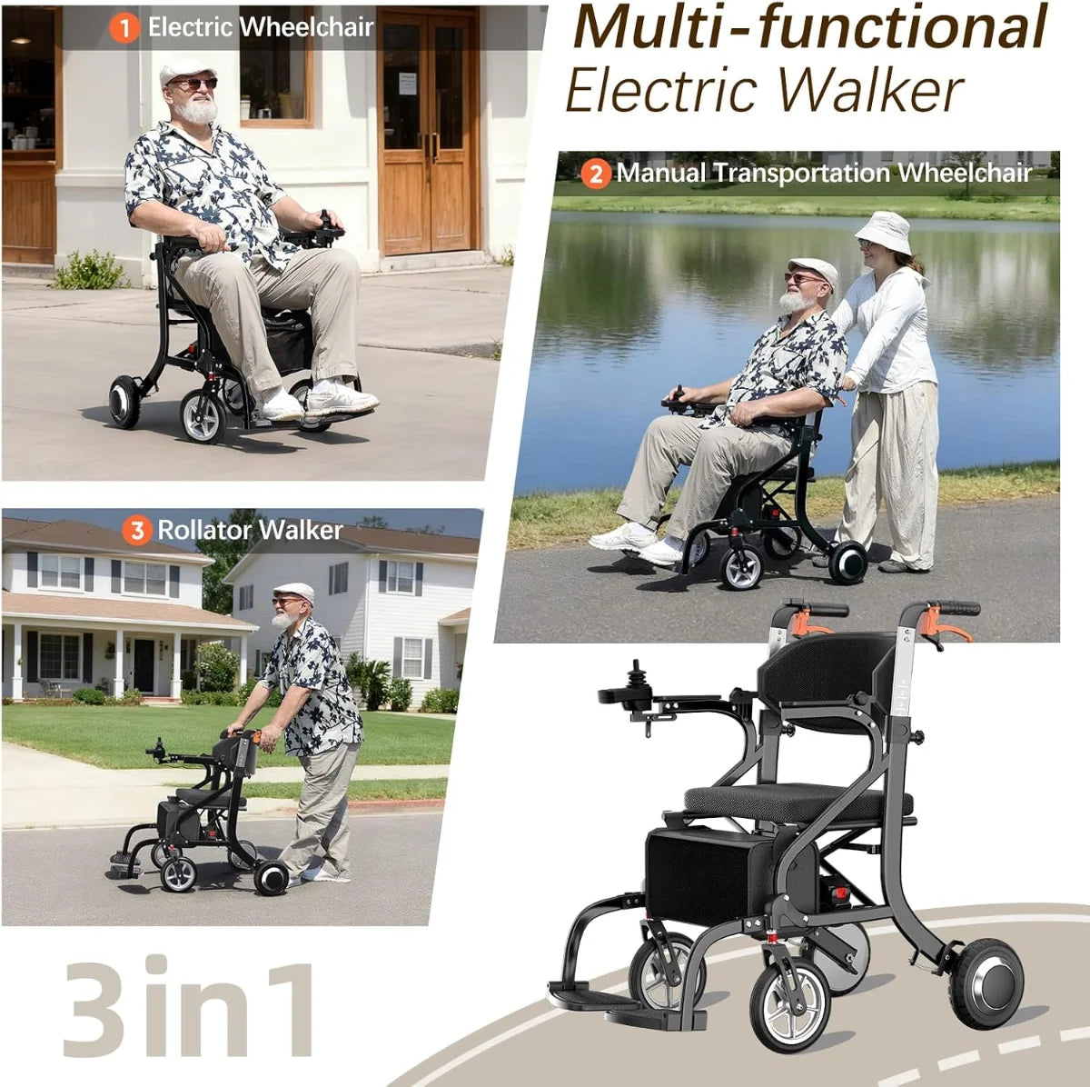 FreeWink 9183E 3-in-1 electric walker showing electric wheelchair, manual transport wheelchair, and rollator walker modes