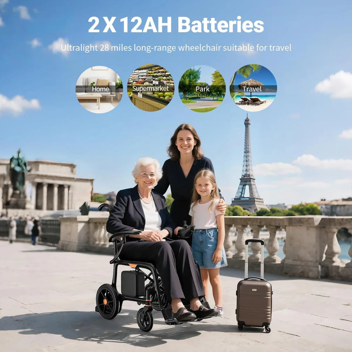 FreeWink EW209 electric wheelchair with dual 12Ah lithium batteries for up to 28-mile range and travel