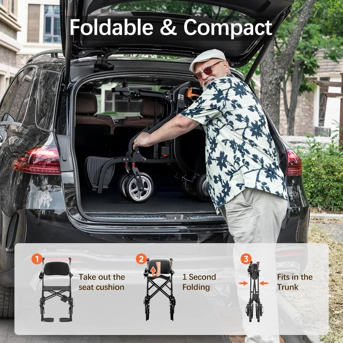 FreeWink 9183E foldable electric wheelchair with 1-second folding design for compact trunk storage