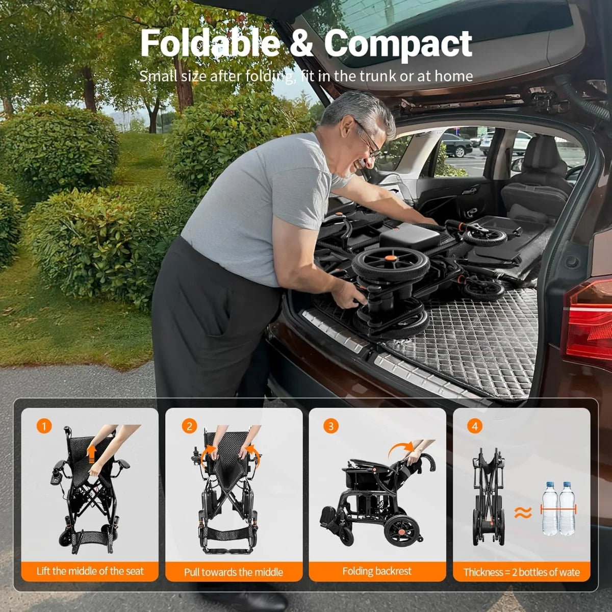 FreeWink EW209 compact folding electric wheelchair being stored in a car trunk for easy travel and transport