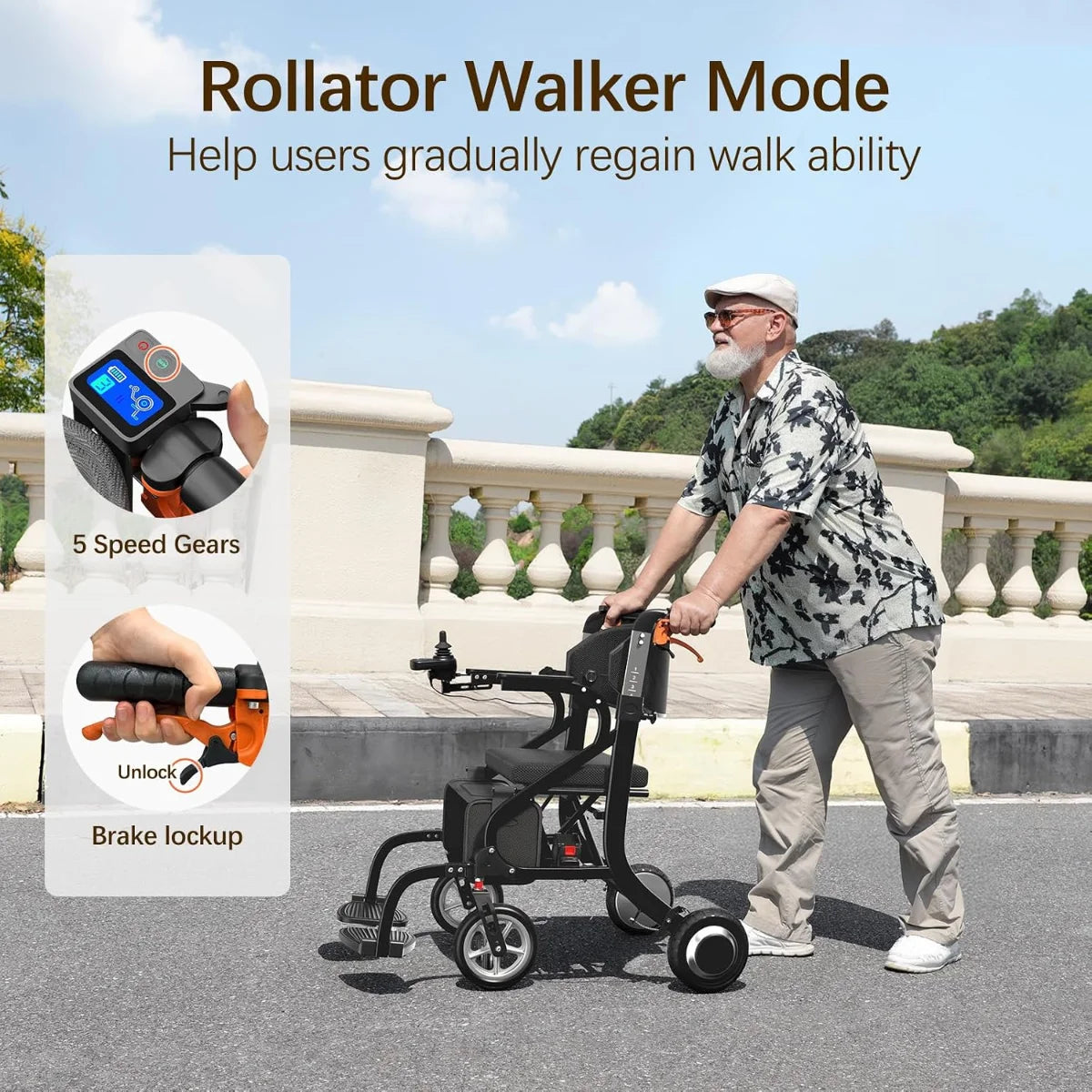 FreeWink 9183E rollator walker mode with 5-speed control and brake lock for assisted walking