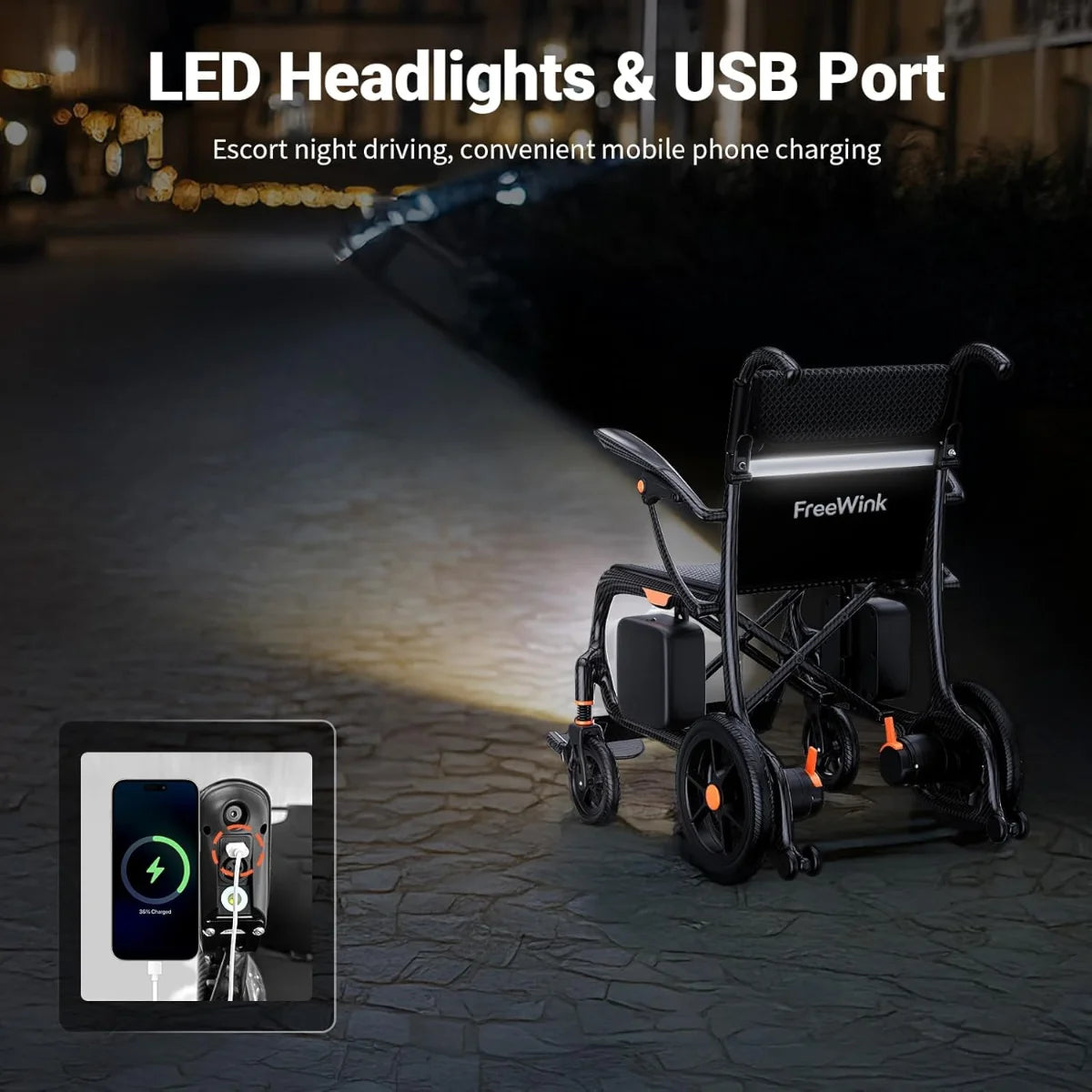 FreeWink EW209 electric wheelchair with LED headlight and USB charging port for nighttime mobility