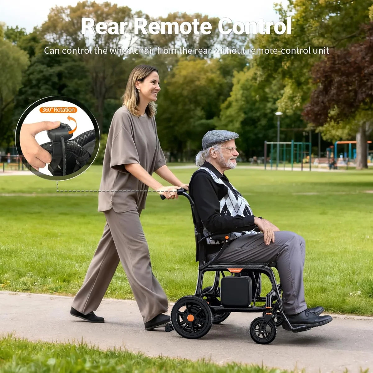 FreeWink EW209 electric wheelchair with rear caregiver control for assisted driving and 360-degree operation